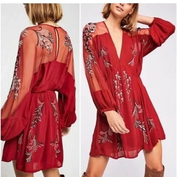Free People Dresses & Skirts - Free People Bonjour Mini Dress Size L Red Embroidered Floral Ballon Flowy Boho